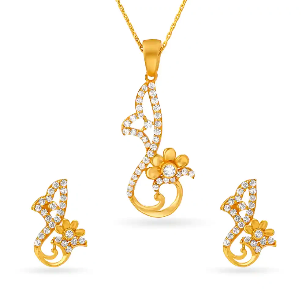 Fancy Floral Motif Gold Pendant And Earrings Set