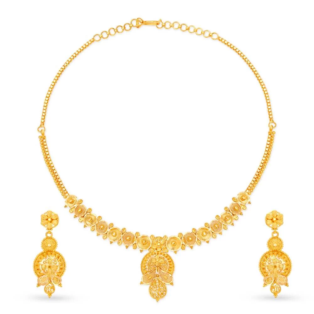 Traditional Yellow Gold Filigree Necklace And Earrings Set