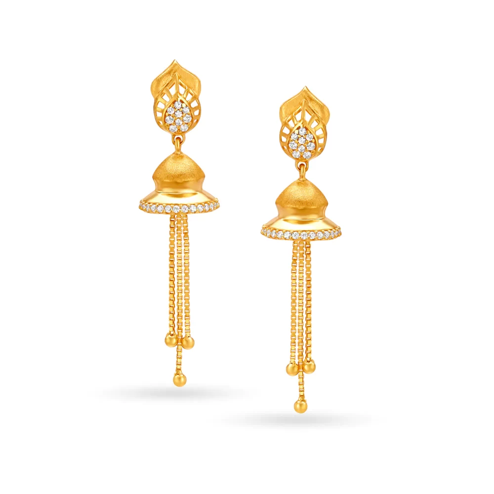 Leaf Motif Hanging Gold Jhumka Earrings