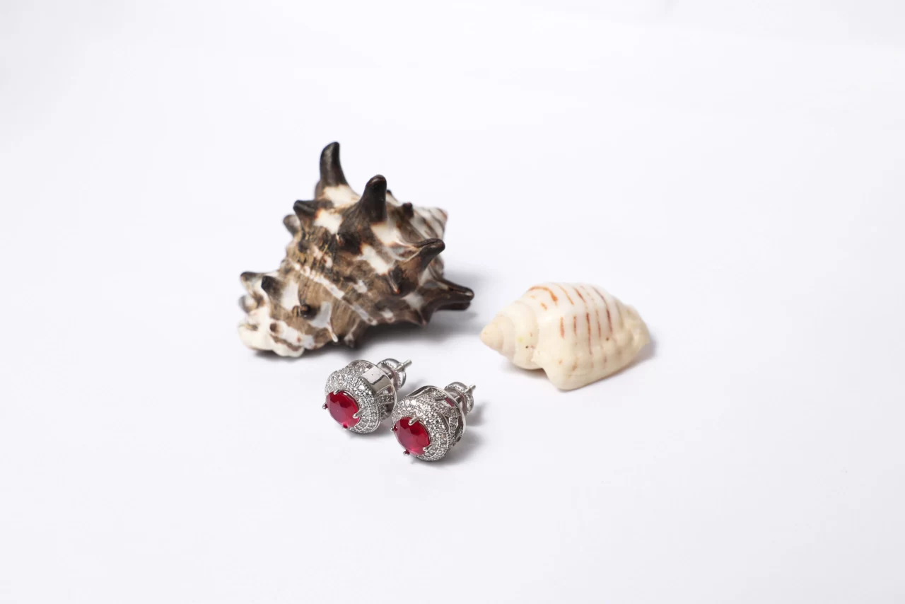 Bella red stud earrings in silver for her