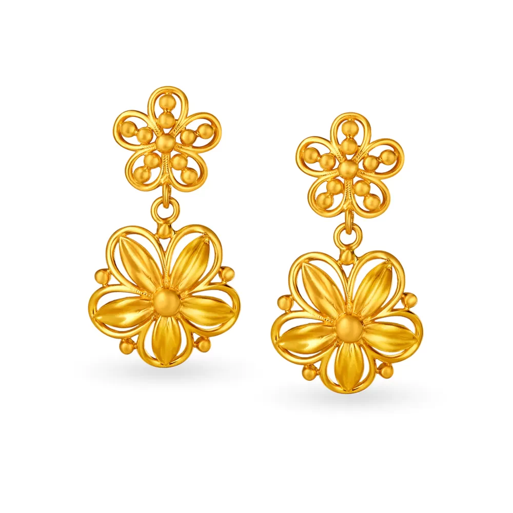 Delightful Yellow Gold Floral Drop Earrings