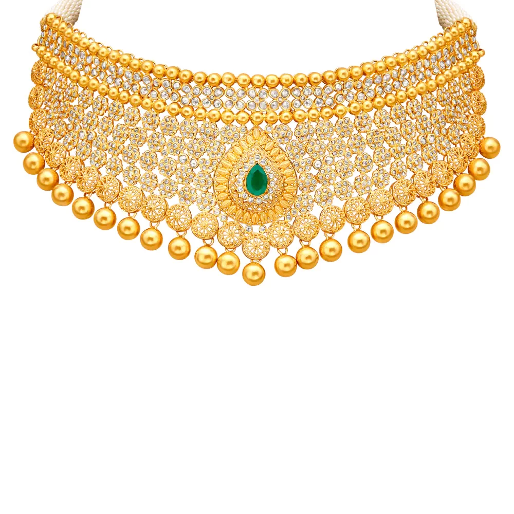 Floral Motif Jali Work Gold Necklace