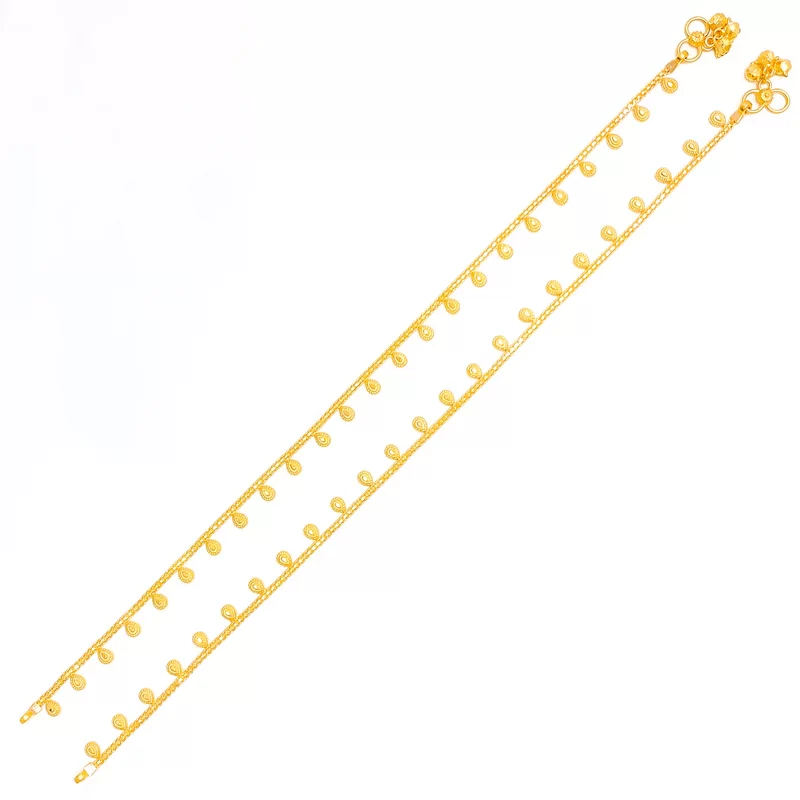 Elegant 22K Gold Anklet Pair with Decorative Drop Details