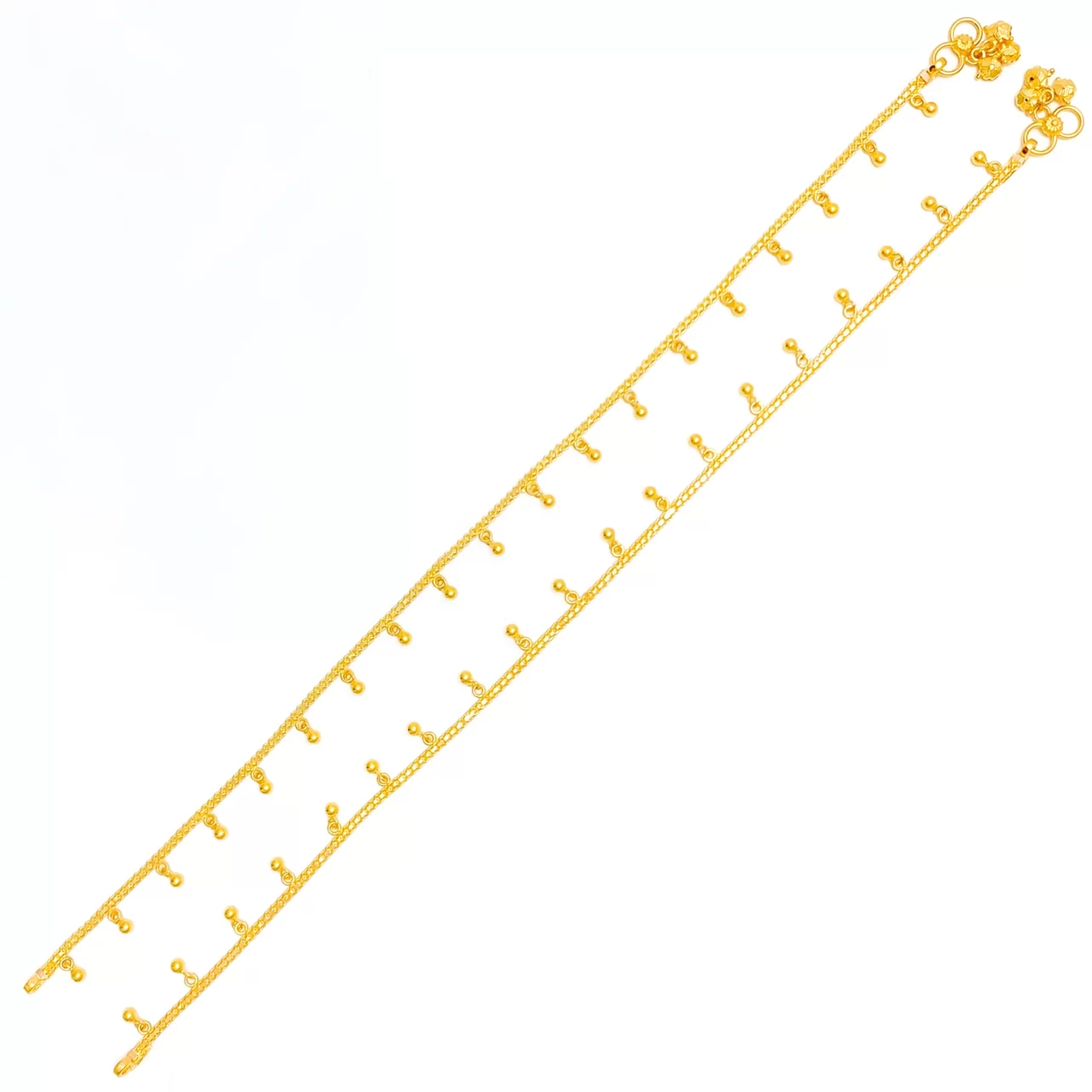 Elegant and lustrous 22K gold anklet pair with charming tassel accents.